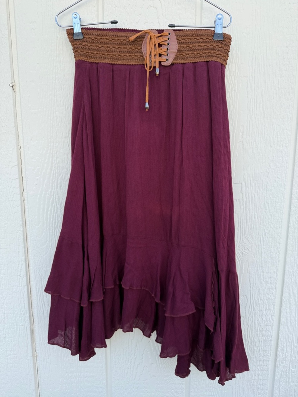 Onetheland Sz M Boho Tiered Midi Skirt Elasticized Crochet Waistband Lace Up